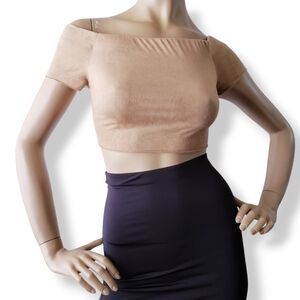 Mocking Jay Tan Faux Suede Off Shoulder Raw Hem Cropped Top